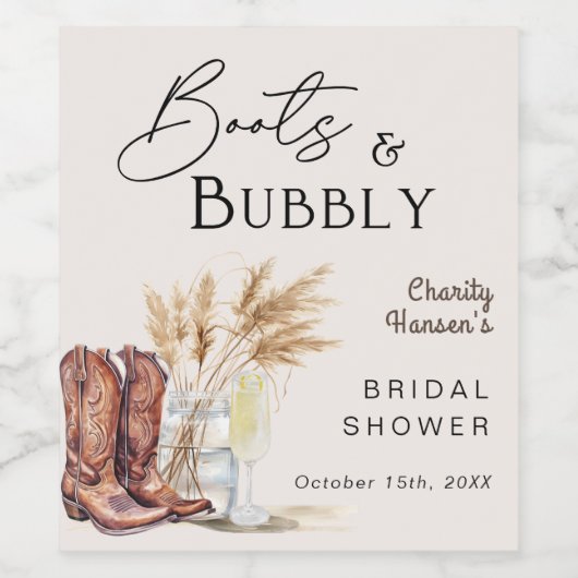 Stiefel und Bubbly Boho Pampas Grass Brautparty Weinetikett (Einzelnes Label)