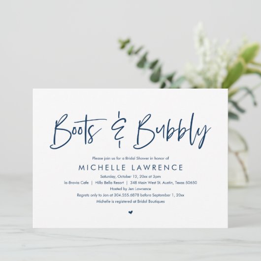 Stiefel und Bubbly, modernes Lässiges Brautparty Einladung (Stehend Vorderseite)