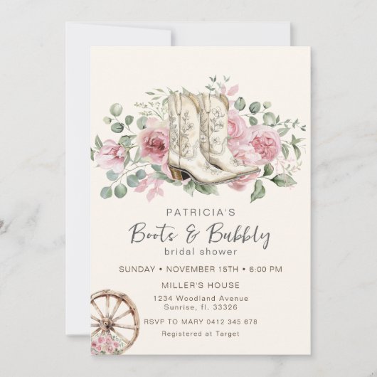 Stiefel und Bubbly Pink Cowgirl Brautparty Einladung (Vorderseite)