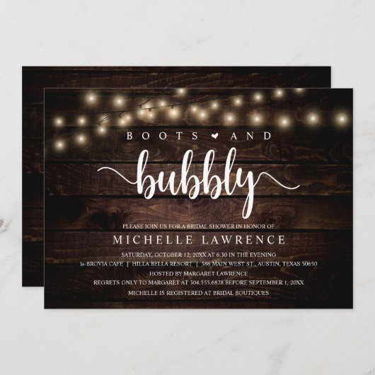 Stiefel und Bubbly, rustikale Brautparty-Feier Einladung (Vorne/Hinten)
