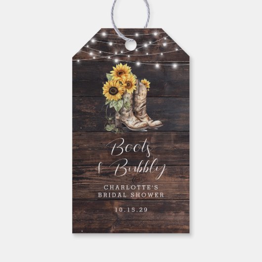 Stiefel und Bubbly Sunflowers Brautparty Geschenkanhänger (Rückseite)