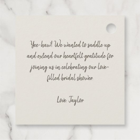 Stiefel und Bubbly Western Brautparty Geschenkanhänger (Rückseite)