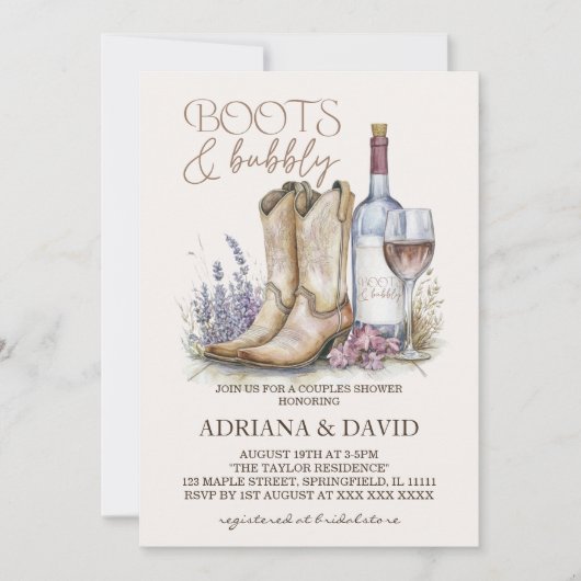 Stiefel und Bubbly Western Couples Dusche Einladung (Vorderseite)