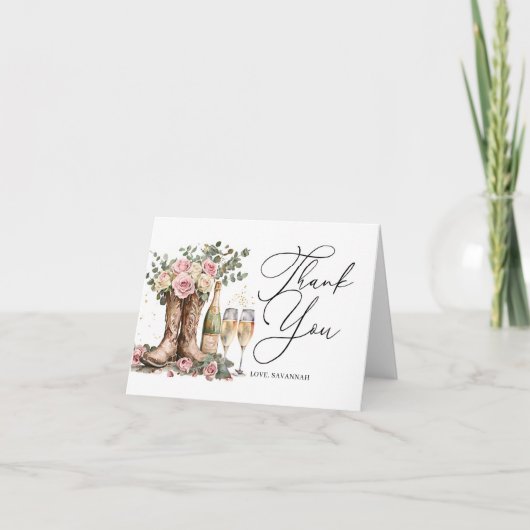 Stiefel und Sprudel Landhochzeit Brautparty Dankeskarte (Vorderseite)