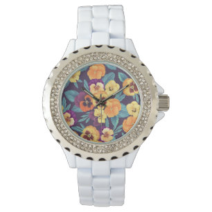 Stiefmütterchen auf Pflaumenviolett Armbanduhr
