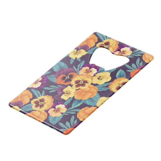 Stiefmütterchen auf Pflaumenviolett Geldbeutel Flaschenöffner (Rückseite Schrägansicht)