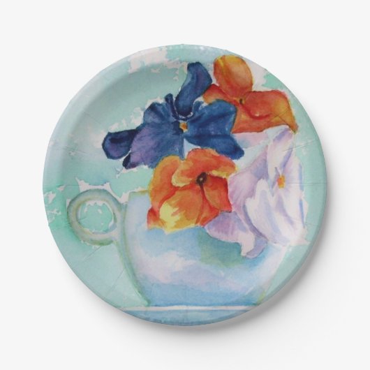 STIEFMÜTTERCHEN IN EINEM TEACUP PAPIERPLATZ PAPPTELLER (Vorderseite)