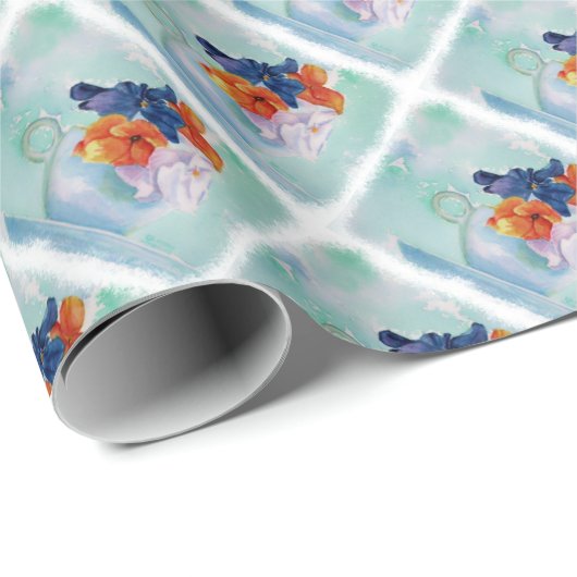 STIEFMÜTTERCHEN IN EINEM TEACUP-VERPACKUNGS-PAPIER GESCHENKPAPIER (Rolleneckpunkt)