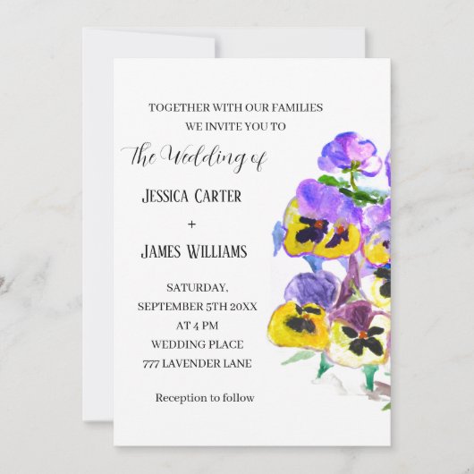 Stiefmütterchen Pansy Floral Watercolor Hochzeit Einladung (Vorderseite)