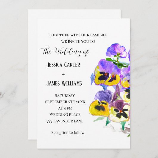 Stiefmütterchen Pansy Floral Watercolor Hochzeit Einladung (Vorne/Hinten)