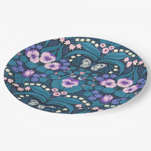 Stiefmütterchen, Vögel und Schmetterlinge Pappteller (Schrägansicht)