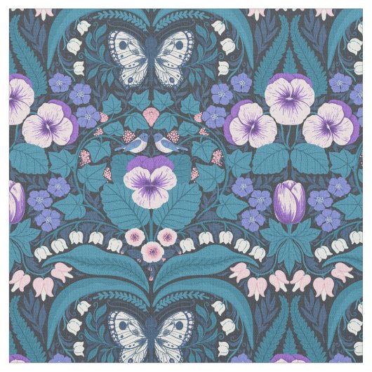 Stiefmütterchen, Vögel und Schmetterlinge Stoff (Nahaufnahme)