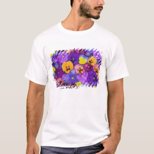 Stiefmütterchenblüten schwimmend in Vogelbad mit T T-Shirt