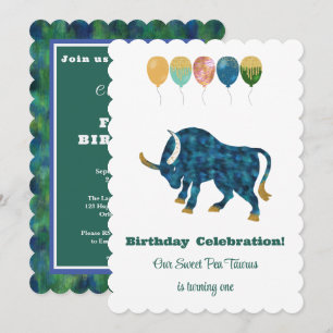 Stier 1. Geburtstag Impressionist Gold Glitter Einladung