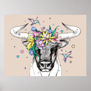 Stier aus niedlichem Cartoon in einem Blumenkranz. Poster