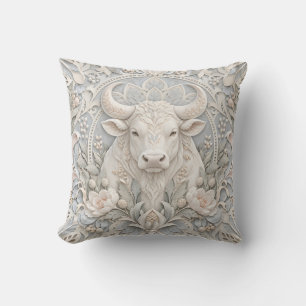 Stier Elfenbein Blau Porzellan Relief Stil Kissen
