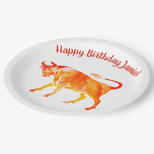 Stier, Geburtstags-kundenspezifischer PapierTeller (Schrägansicht)