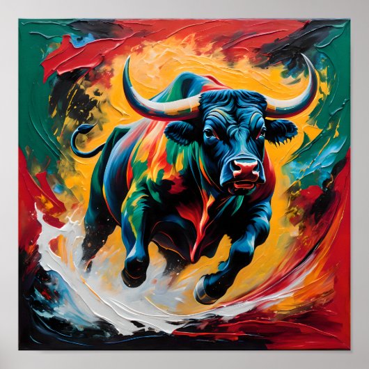 Stier im Angriff in Flammen – Abstrakt Poster (Vorne)