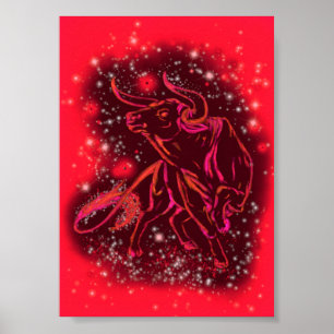 Stier läuft bei roter Sternennacht Poster