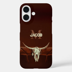 Stier-Schädel Braunes Monogramm Rustikales Western iPhone 16 Hülle