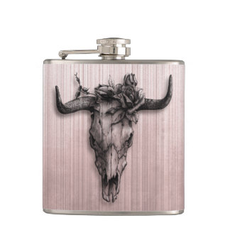 Stier-Schädel und Rose Streifen Rose Gold Grau Flachmann