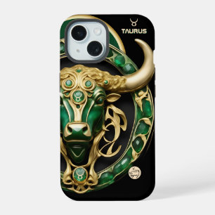 Stier Taurus, Smaragd und Gold personalisiert iPhone 15 Hülle