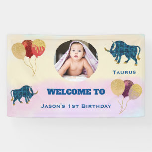 Stier-Wasserfarbe 1. Geburtstags-Fotoschild Banner