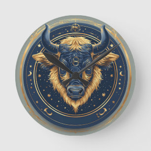 Stier-Zodiac-Stieremblem mit goldenem Ring Runde Wanduhr