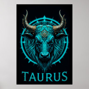 Stier-Zodiac-Symbol in lebendigem Blau und Gold Ak Poster