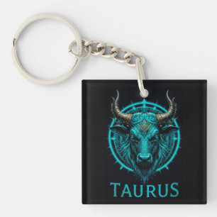 Stier-Zodiaksymbol in lebendigem Blau und Gold Akz Schlüsselanhänger