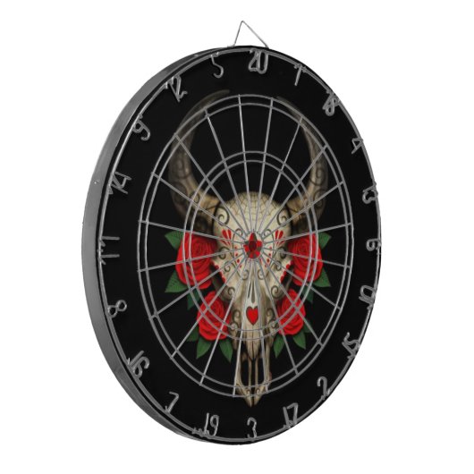 Stier-Zuckerschädel mit Roten Rosen auf Schwarzem Dartscheibe (Vorderseite Links)