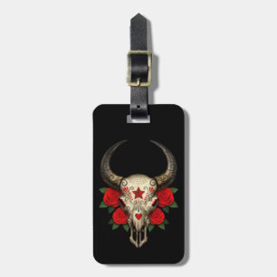 Stier-Zuckerschädel mit Roten Rosen auf Schwarzem Gepäckanhänger