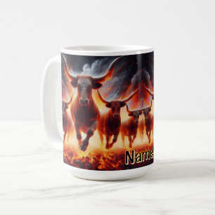 Stiere stürmen durch eine feurige Landschaft Kaffeetasse