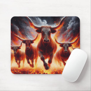 Stiere stürmen durch eine feurige Landschaft Mousepad