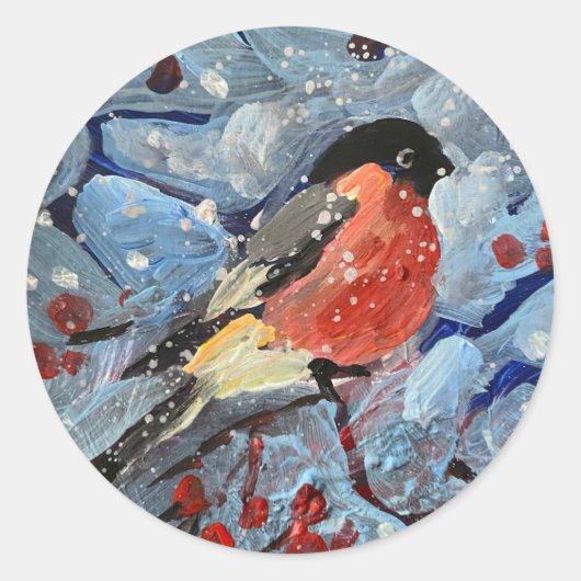 Stierfinch auf einem Zweig mit roten Beeren, es is Runder Aufkleber (Vorderseite)