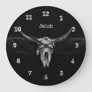 Stierschädel Western Schwarz-Weiß Rustikales Land Große Wanduhr