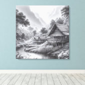 Stift Sketch einer gemütlichen Hütte am Fluss Leinwanddruck (Insitu (Holzboden))