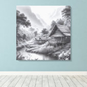 Stift Sketch einer gemütlichen Hütte am Fluss Leinwanddruck (Insitu (Holzboden))