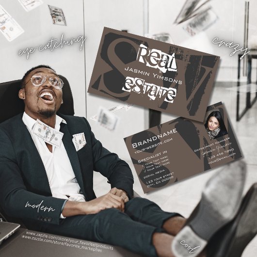 Stilbraun, grau weiß mit Foto und Monogramm Visitenkarte