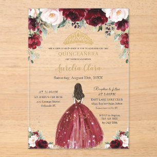 Stilechter Quinceanera-Burgunder-Rosé-Blumenprinze Acryleinladungen