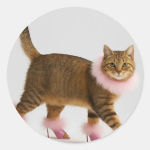 Stilette Katze in rosa High Heels und fluffigem Gl Runder Aufkleber