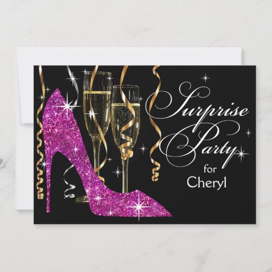 Stiletto Champagne Surprise Birthday violet Einladung (Vorderseite)