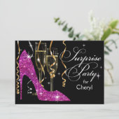 Stiletto Champagne Surprise Birthday violet Einladung (Stehend Vorderseite)