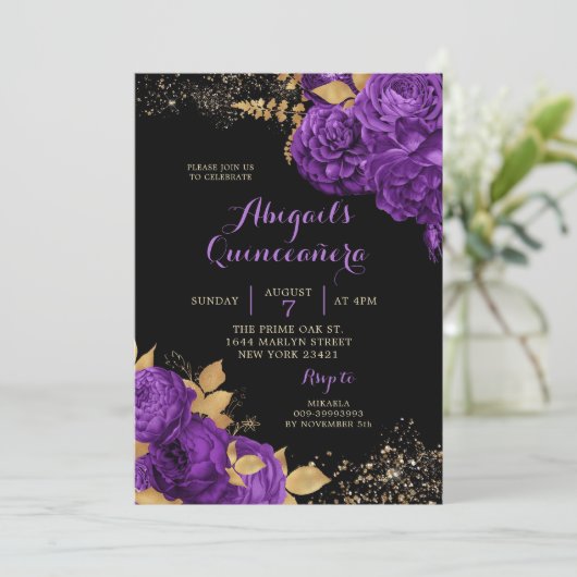 Stiletto Quinceañera, Lila Schwarzes Gold Einladung (Stehend Vorderseite)