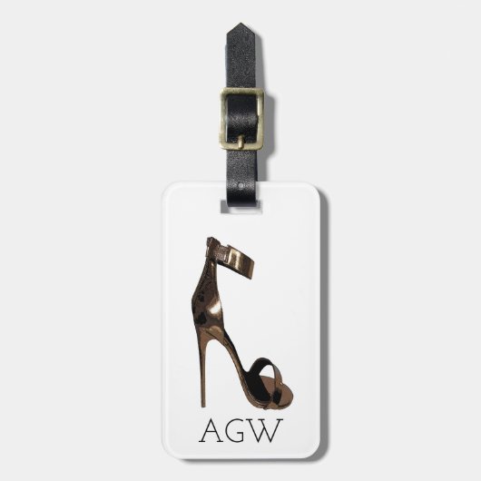Stiletto-Sandalen aus Gold mit Ihrem Monogramm Gepäckanhänger (Vorderseite vertikal)