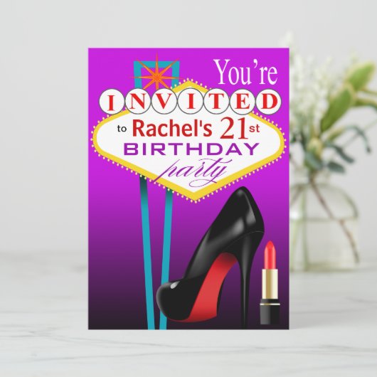 Stiletto und Lipstick Las Vegas Party lila Einladung (Stehend Vorderseite)