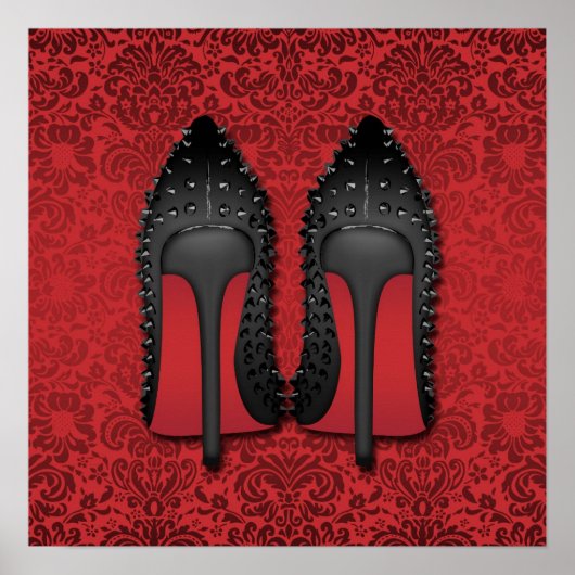 Stilettos im roten Damast-Hintergrund Poster (Vorne)