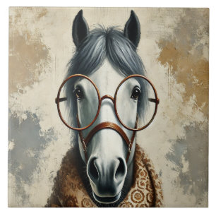 Stilftiges Pferd mit Brille - Vintage Kunst Fliese
