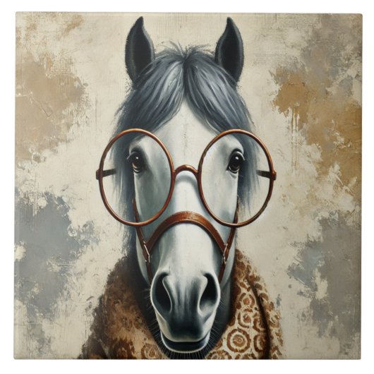 Stilftiges Pferd mit Brille - Vintage Kunst Fliese (Vorderseite)