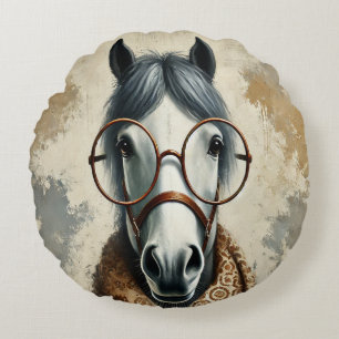 Stilftiges Pferd mit Brille - Vintage Kunst Rundes Kissen